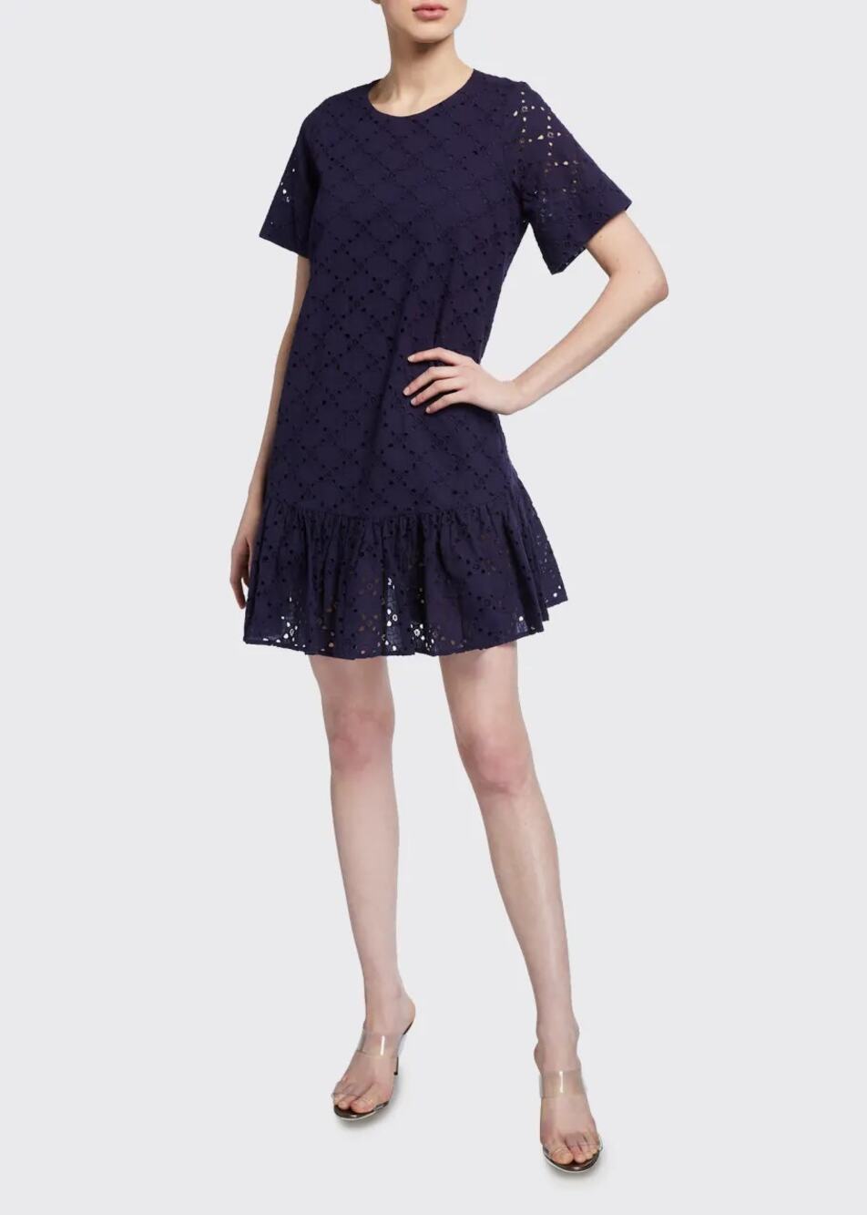 Milly Navy Cece Leaf Eyelet Flounce-Hem Ruffle Short Shift Dress, 2